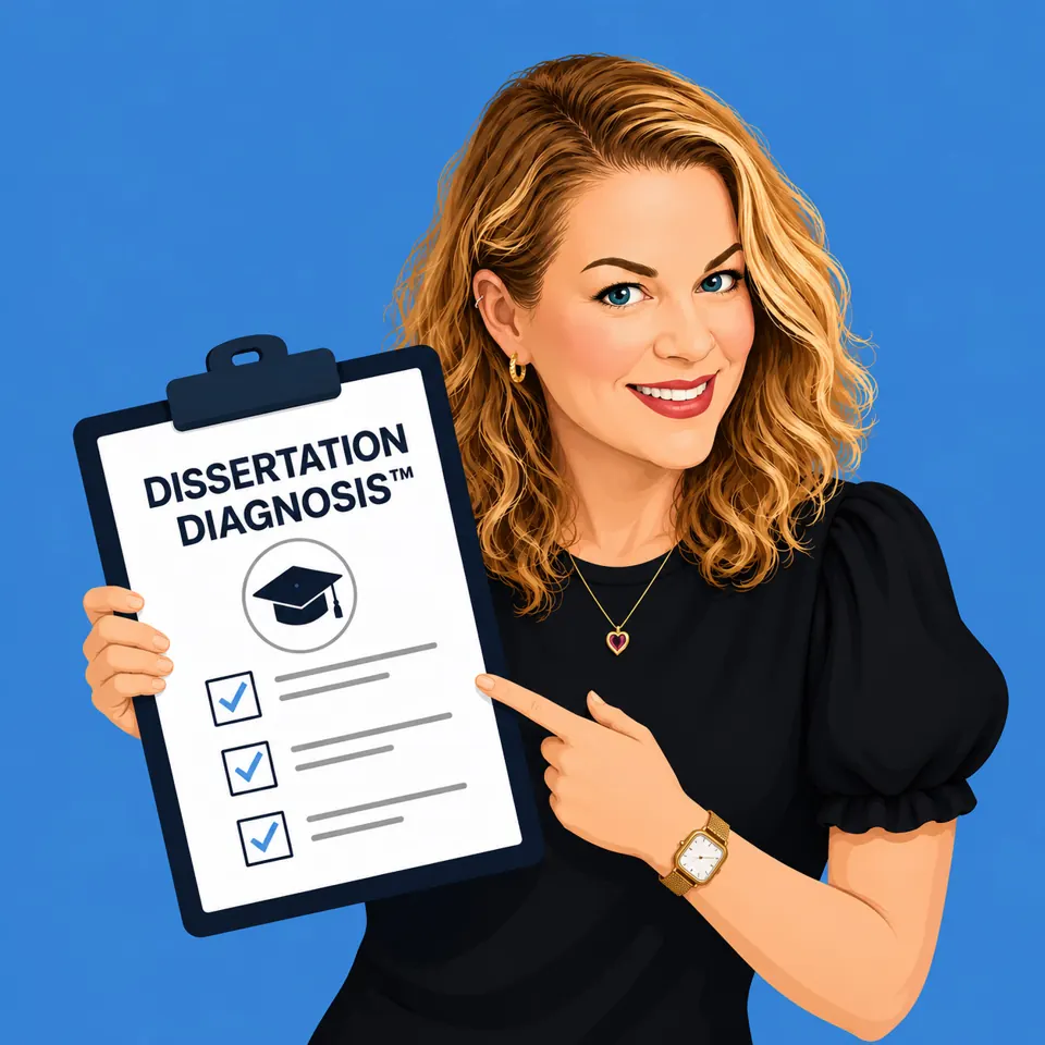 Dr. Amy Murdock holding a clipboard titled Dissertation Diagnosis.