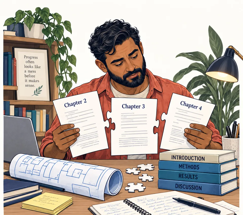 A student holding Chapters 2, 3 and 4 as puzzle pieces that don't fit, a rolled-up blueprint on the desk.