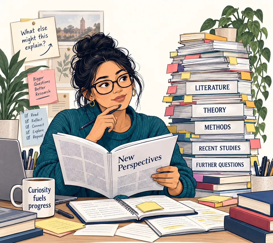 A student reading a book titled New Perspectives beside a tall stack of books: literature, theory, methods, recent studies, further questions.