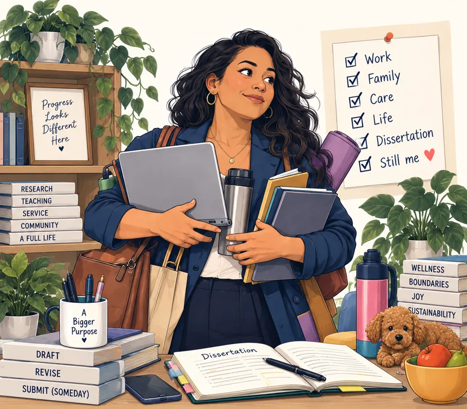 A student carrying a laptop, folders and a water bottle, beside a checklist: work, family, care, life, dissertation, still me.