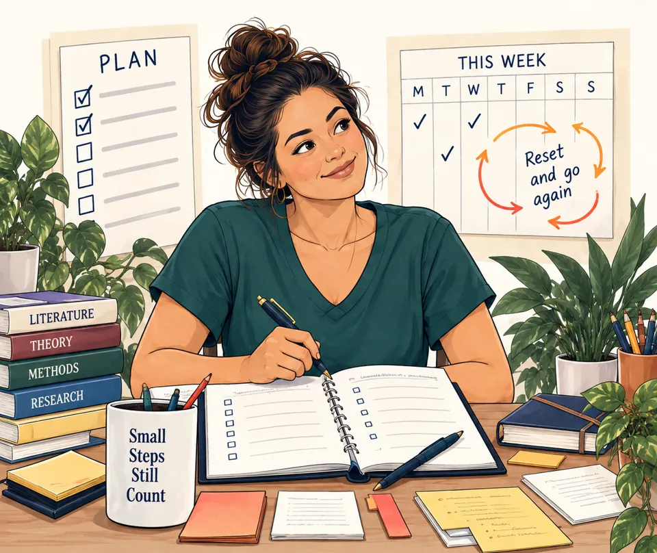 A student writing in a planner, a half-checked weekly calendar behind her and a note: Reset and go again.