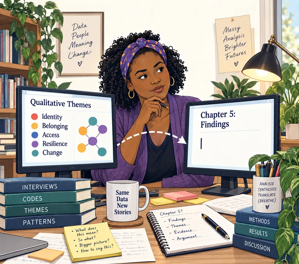 A student looking from a screen of qualitative themes to a blank Chapter 5: Findings.